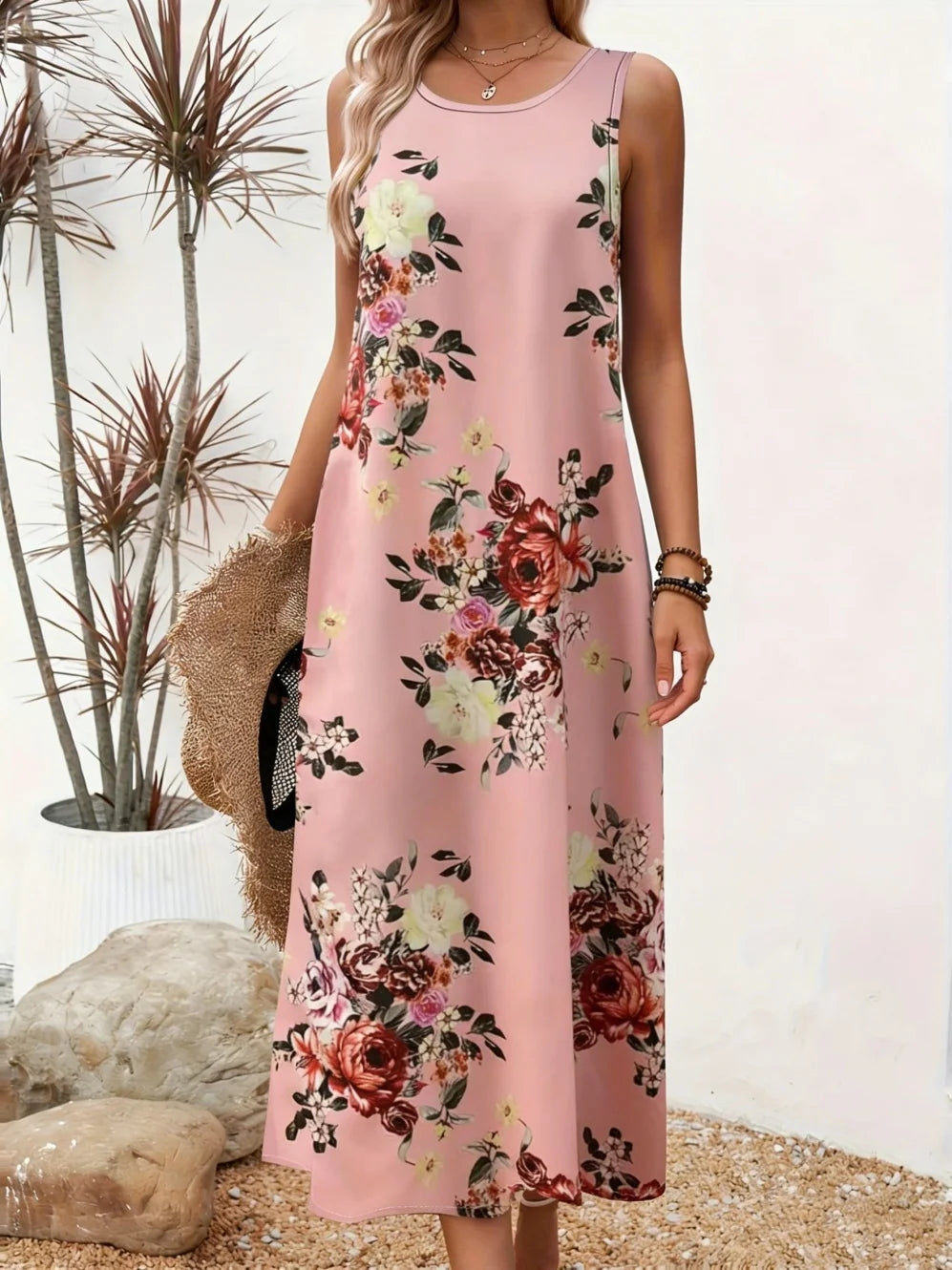 Damen Maxikleid Blumenmuster – Ärmelloses Sommerkleid