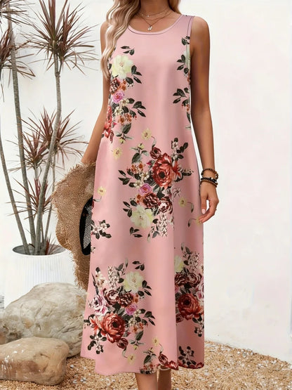 Damen Maxikleid Blumenmuster – Ärmelloses Sommerkleid