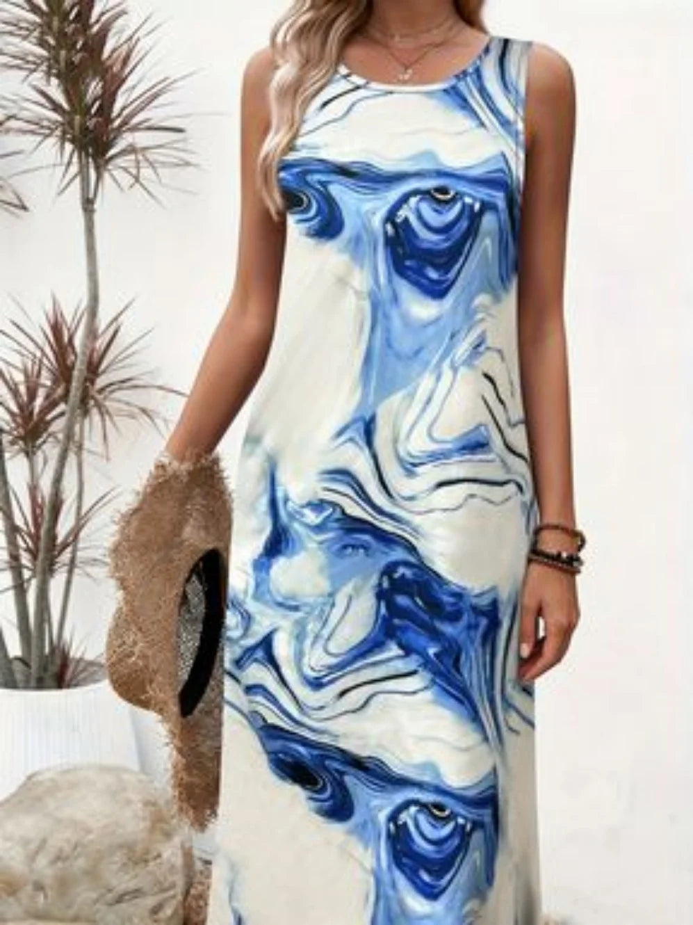 Damen Maxikleid Blumenmuster – Ärmelloses Sommerkleid