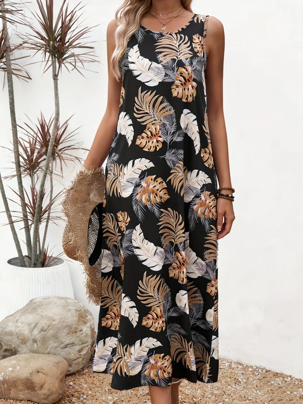 Damen Maxikleid Blumenmuster – Ärmelloses Sommerkleid