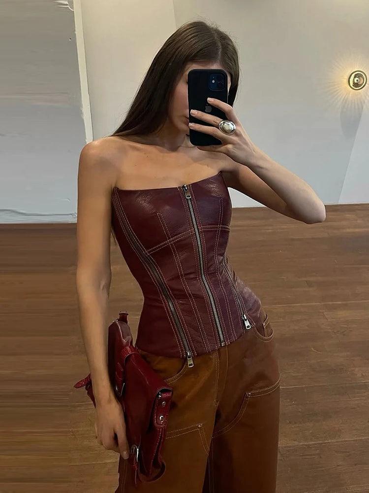 Damen Kunstleder Top mit Reißverschluss – Streetwear Tank Top